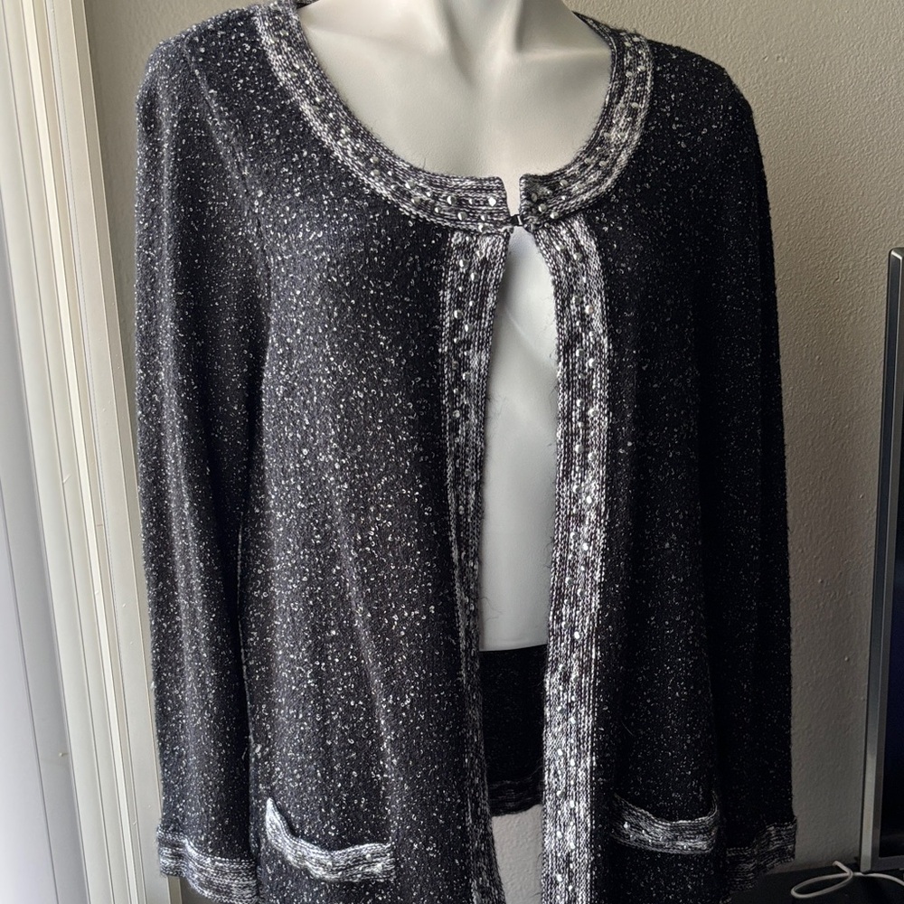 Catherines Black and White Open-Front Cardigan